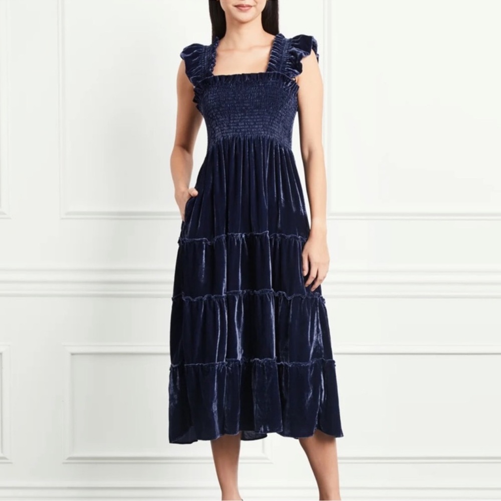 Hill House Midnight Navy Velvet Tiered Midi Dress